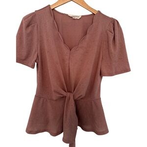 Sweet Wanderer Scalloped Neckline Tie Waist pink/dusty rose Short Sleeve Top S